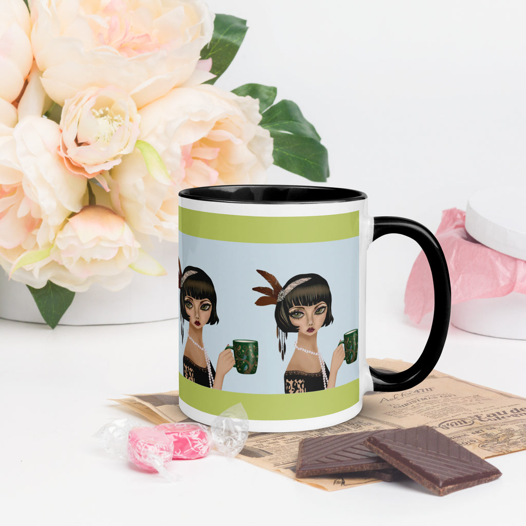 Premium White Ceramic - Black interior-  Coffee Companions Mug - Vintage Art Deco Black & Lime -11-oz  right view
