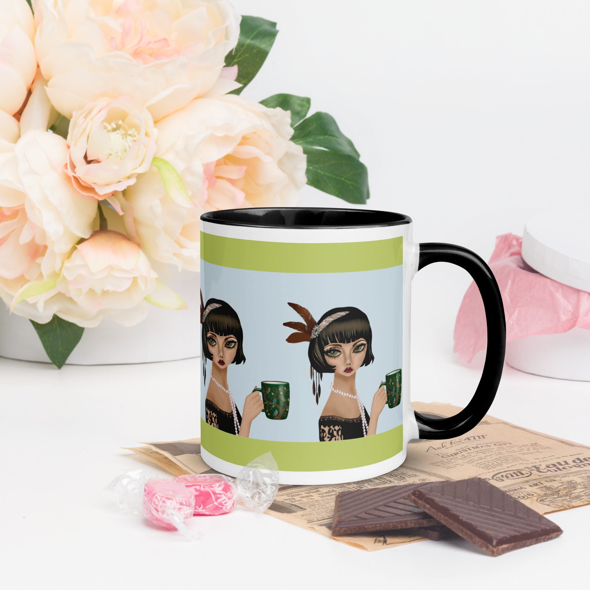 Premium White Ceramic - Black interior-  Coffee Companions Mug - Vintage Art Deco Black & Lime -11-oz  right view