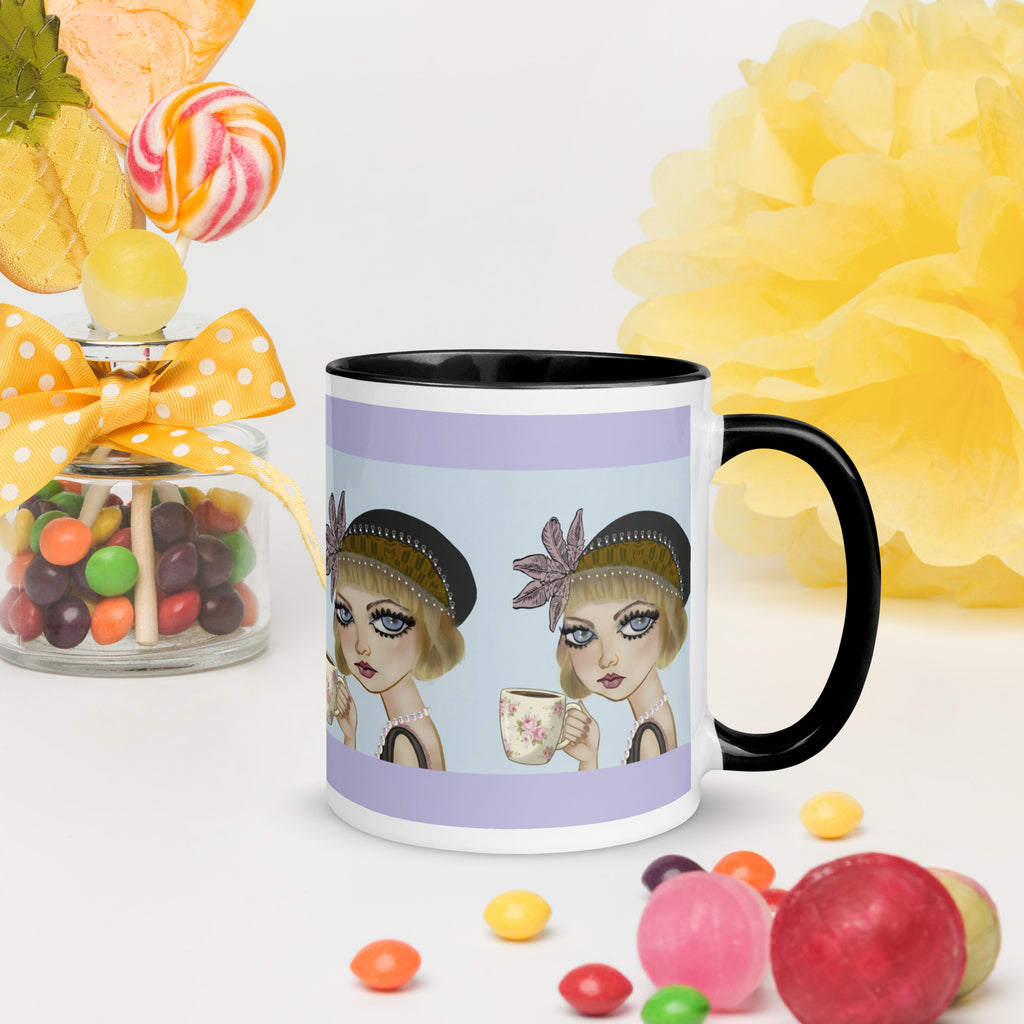 Premium White Ceramic - Black Inside-Lavender Dreams Mug - Vintage 1920s Flapper Purple & Blue - 11-oz right view