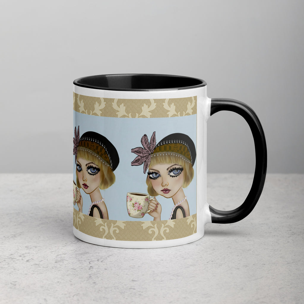 Premium White Ceramic - Black Inside-Lavender Dreams Mug - Vintage 1920s Flapper Purple & Blue - 11-oz right view