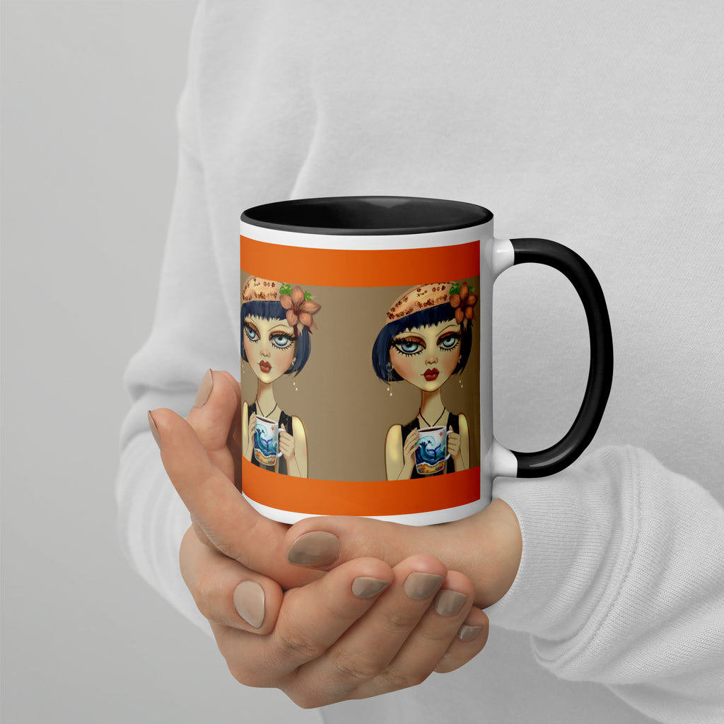Premium White Ceramic - Black Inside- Flapper Chic Mug - Vintage 1920s Orange & Black - 11-oz right view