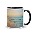 Premium white ceramic mug with black color inside features a beautiful calming beach sunset with palm trees. 11 oz - right view on white background
