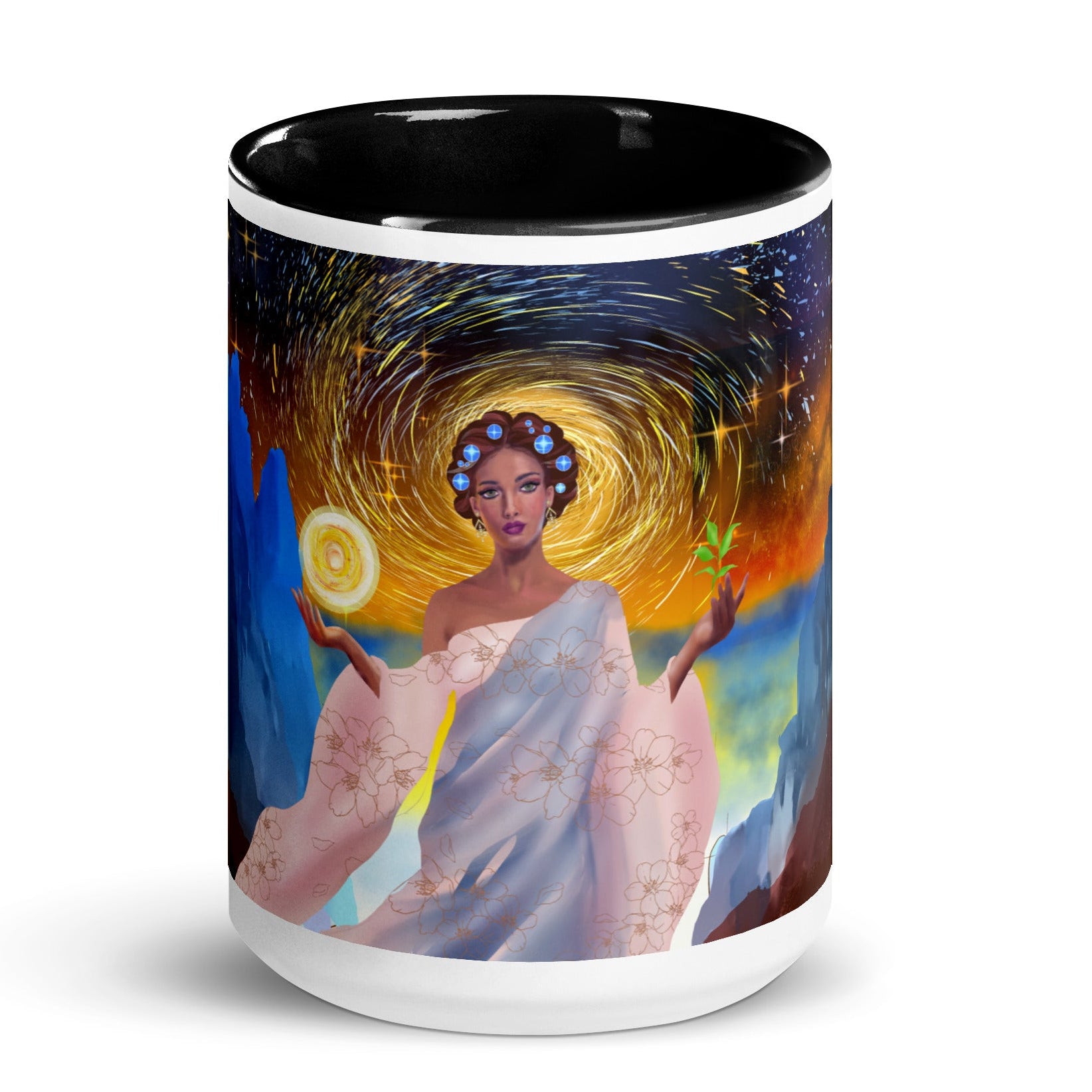 Cosmic Goddess Spiritual Mug - Divine Celestial Woman Ceramic Mug-Black Interior-15-oz-front