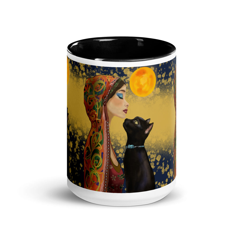 Premium White ceramic with color inside- Mystical Woman with Black Cat Mug - Moonlight Bohemian Ceramic Mug-Black Interior-15-oz-front