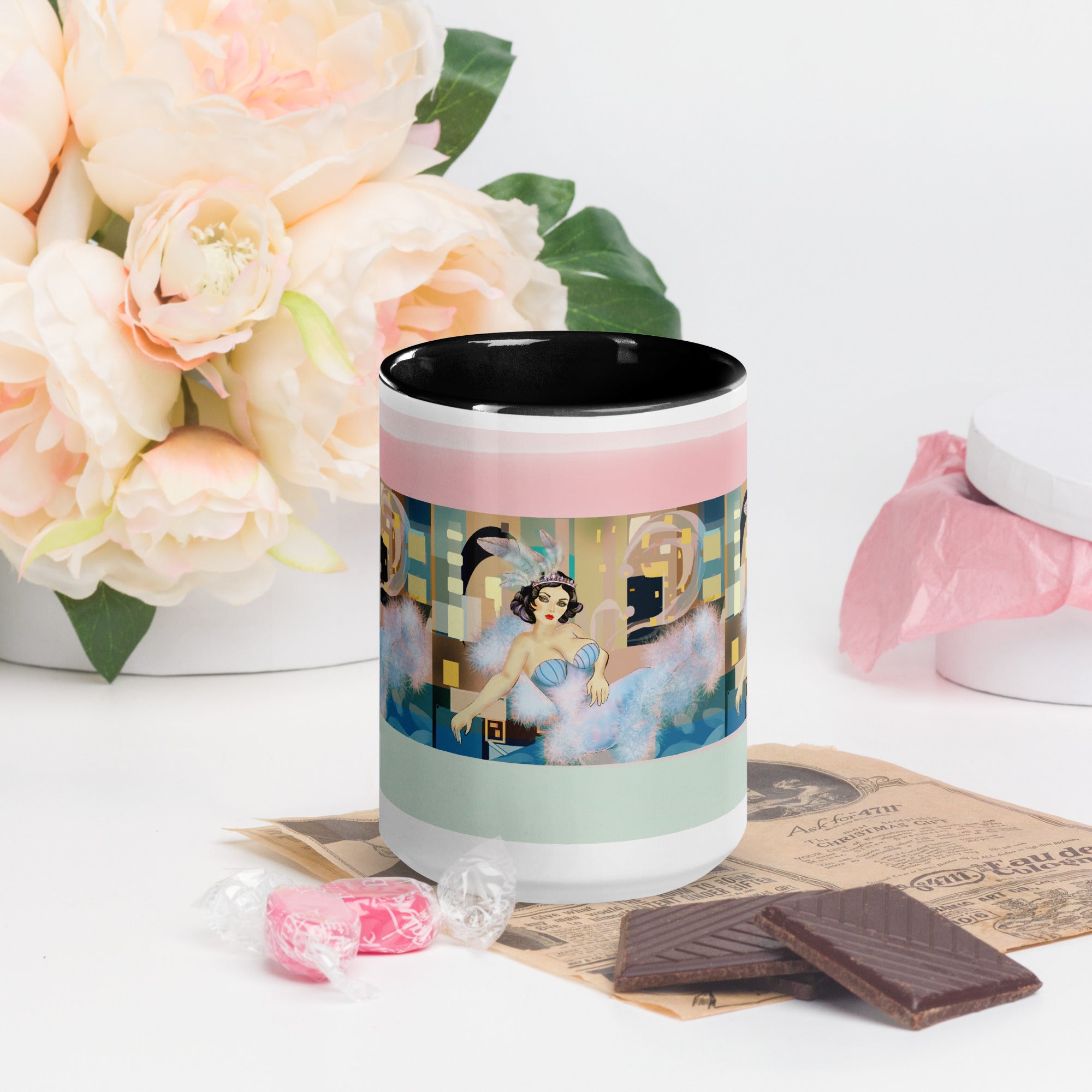 Premium Black Interior -Ceramic mug-Vintage Glamour Ballerina Mug - Art Deco Feathered Tutu Ceramic Mug-Black Interior- elegant vintage ballerina in a jeweled tiara and light blue feathered tutu, set against a beautiful Art Deco pastel background. Set against a black ceramic inside for elegant contrast - 15-oz -front