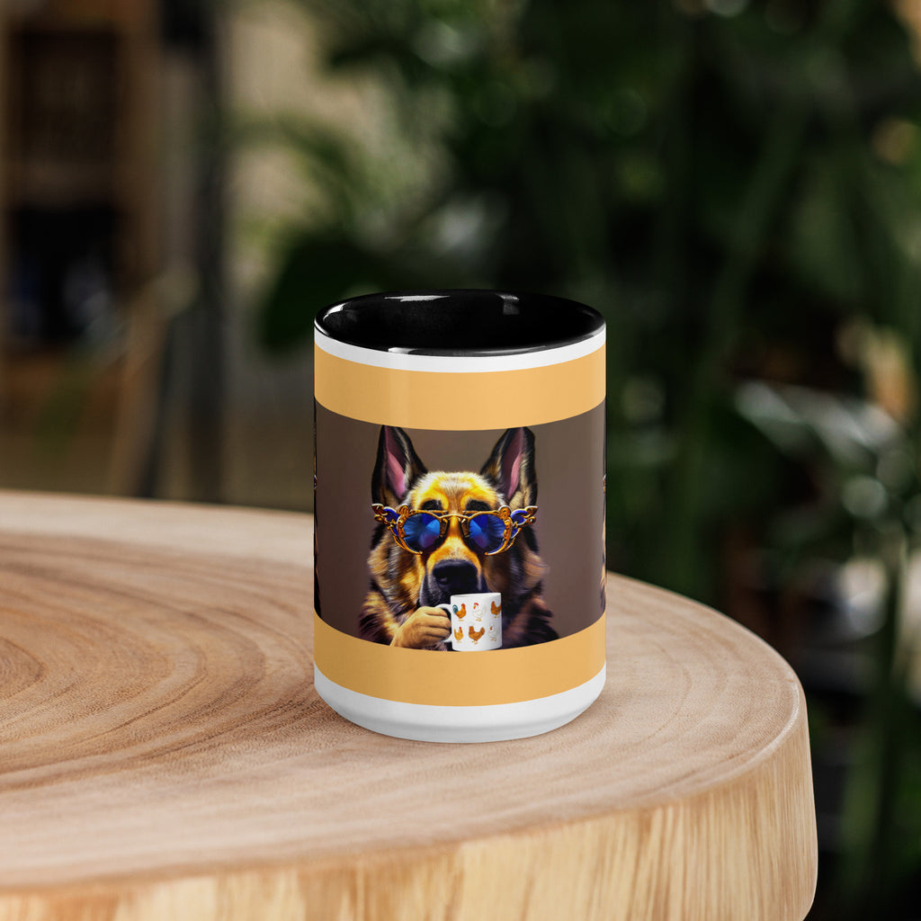 Premium White Ceramic - Black Inside- Cool German Shepherd Coffee Mug - Dog with Chicken Mug -15 oz - front view