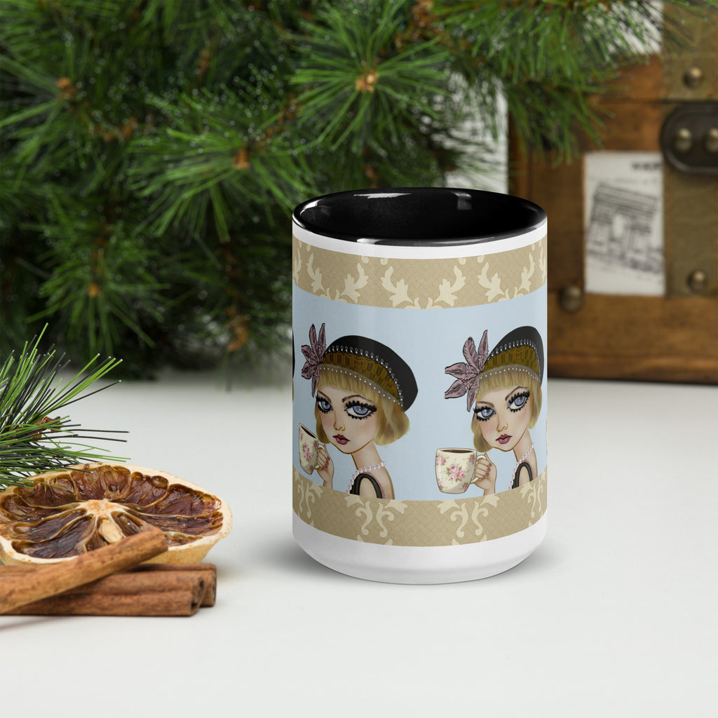 Premium White Ceramic - Black Inside-Lavender Dreams Mug - Vintage 1920s Flapper Purple & Blue - 15-oz front view
