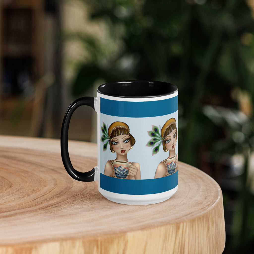 Peacock Elegance Mug - Vintage Glamour Teal & Black - 15-oz left view
