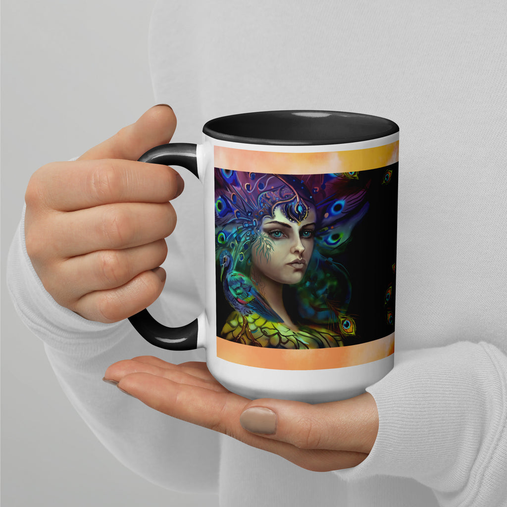 Premium White Ceramic with color inside- Mystical Peacock Goddess Mug with black interior - Fantasy Art Portrait- Peacock Design 15 oz- left view
