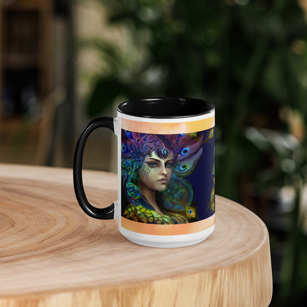 Premium White Ceramic with color inside- Mystical Peacock Goddess Mug with black interior - Fantasy Art Portrait- Peacock Design 15 oz- left view