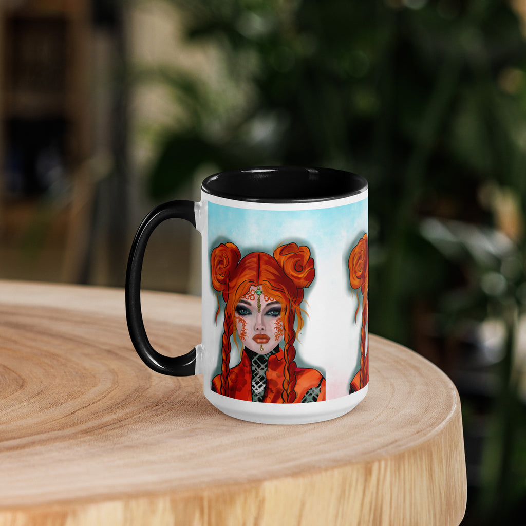 Fantasy Orange Rose Hair Woman Mug - Anime Art Ceramic Mug-Black Interior-15-oz-left