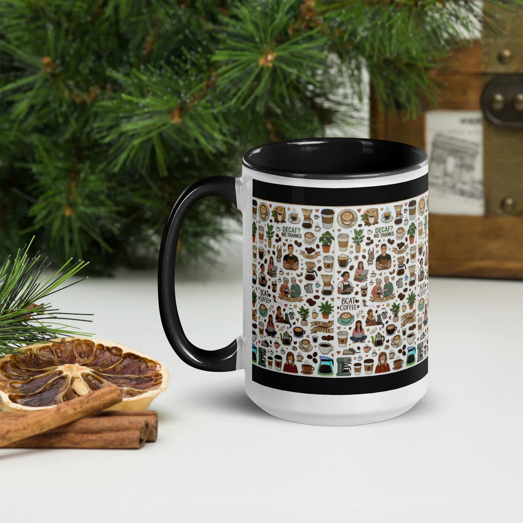 White ceramic mug with black handle, coffee-themed illustrations, and pine decor background
