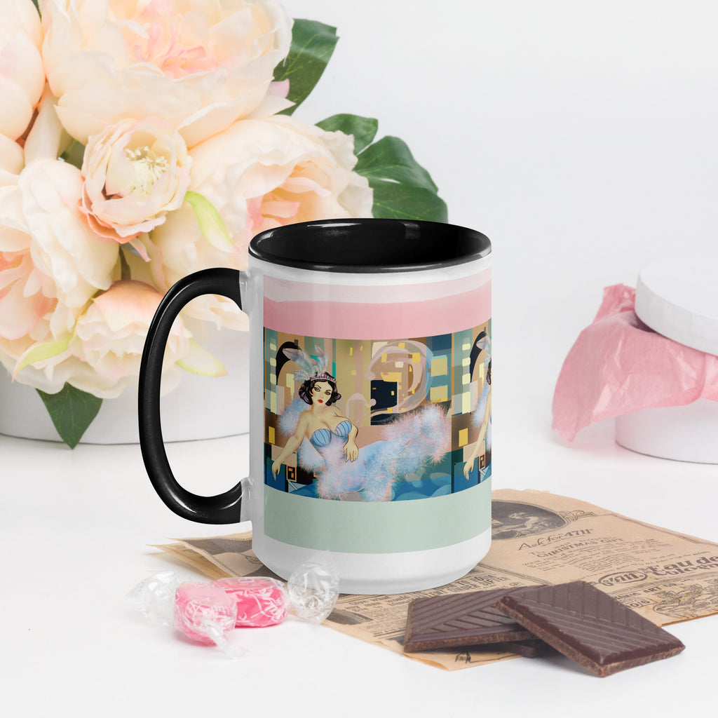 Premium Black Interior -Ceramic mug-Vintage Glamour Ballerina Mug - Art Deco Feathered Tutu Ceramic Mug-Black Interior- elegant vintage ballerina in a jeweled tiara and light blue feathered tutu, set against a beautiful Art Deco pastel background. Set against a black ceramic inside for elegant contrast - 15-oz -left