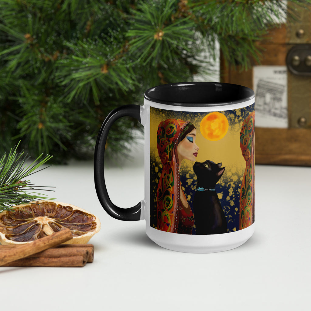 Premium White ceramic with color inside- Mystical Woman with Black Cat Mug - Moonlight Bohemian Ceramic Mug-Black Interior - 15oz - left view