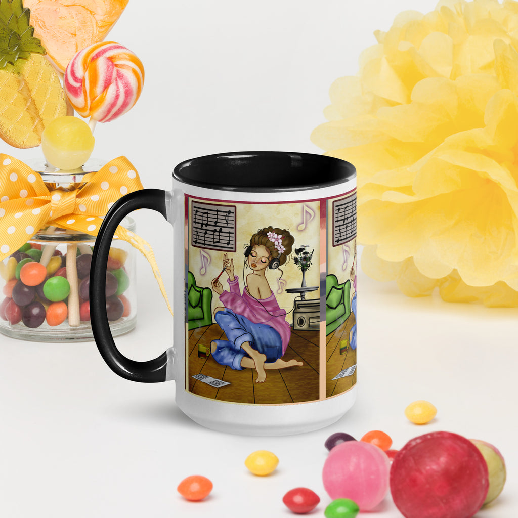 Premium White Ceramic - Coffee Lover Music Moment Mug - Cozy Relaxation Ceramic Mug-Black Interior-15-oz-left