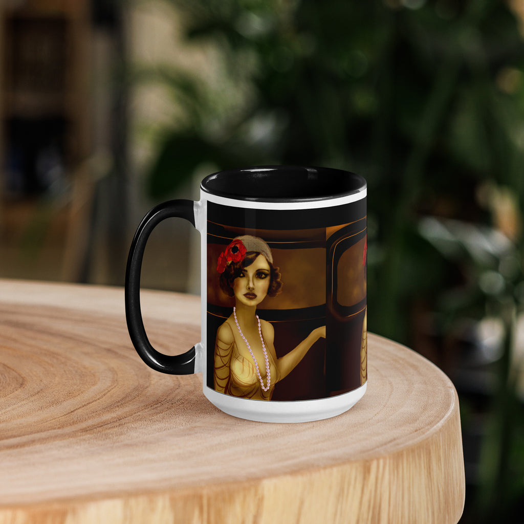 Premium White Ceramic - 1920s Art Deco Flapper Woman Mug - Gatsby Era Glamour Ceramic Mug with Black Interior-15-oz-left