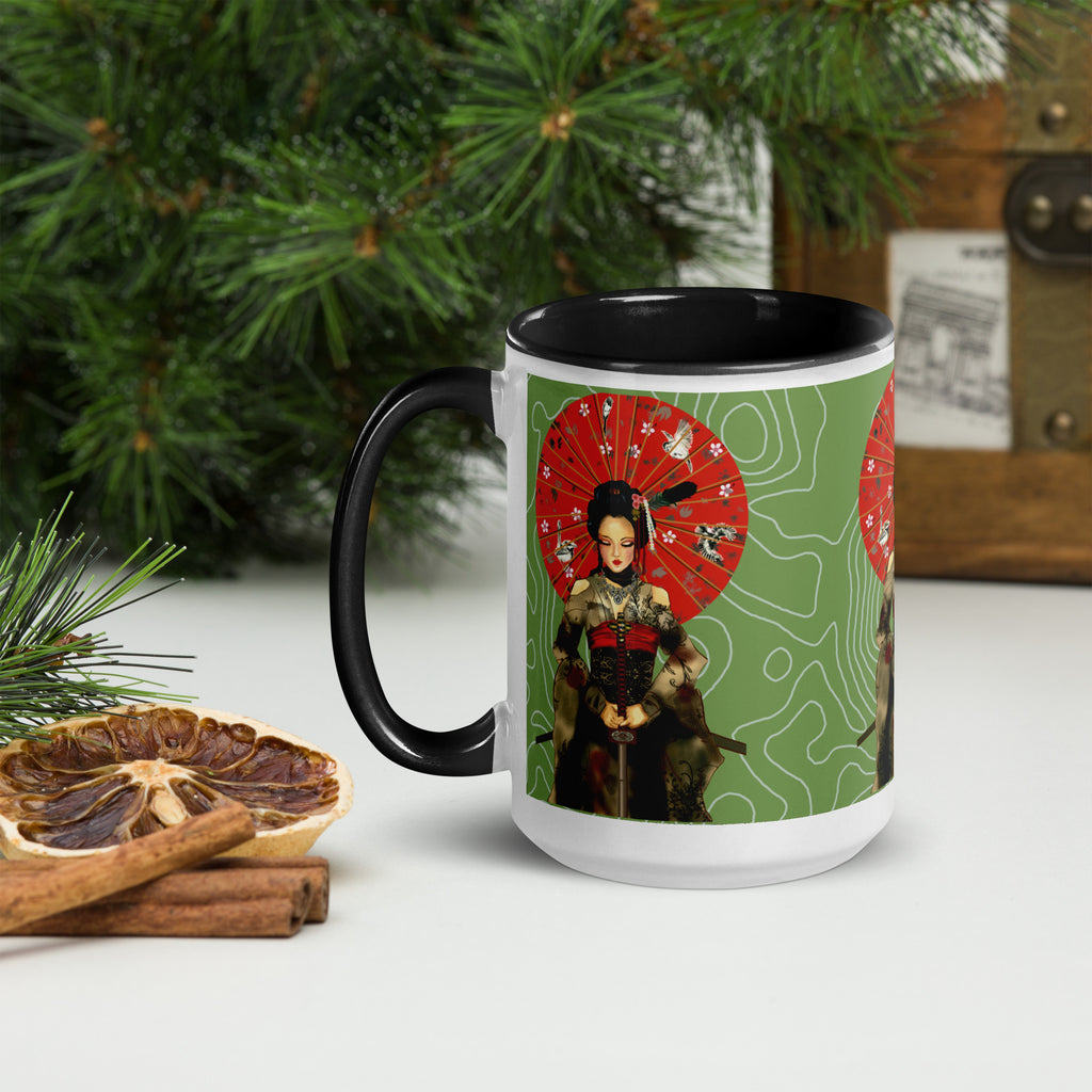 Premium White Ceramic - Japanese Geisha Warrior Mug - Samurai Woman Ceramic Mug- Black Interior-15-oz-left