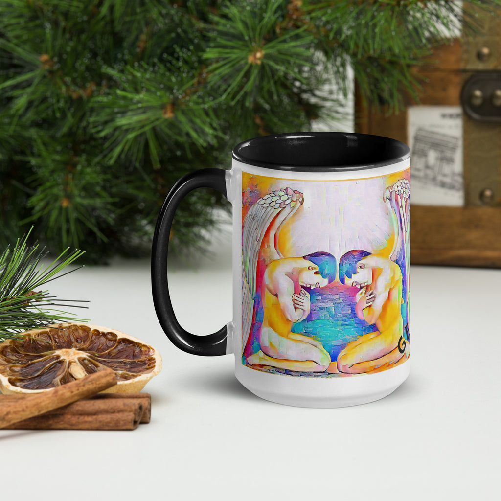 Premium White Ceramic -  Black Interior-Gemini Zodiac Rainbow Twins Mug - Celestial Astrology Ceramic Mug- Black Interior- 11-oz-left