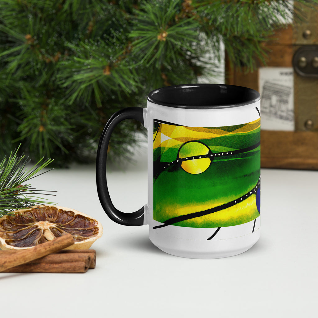 Premium White Ceramic -Abstract Green Yellow Art Mug - Modern Contemporary Ceramic Mug- black Interior- 15-oz-left