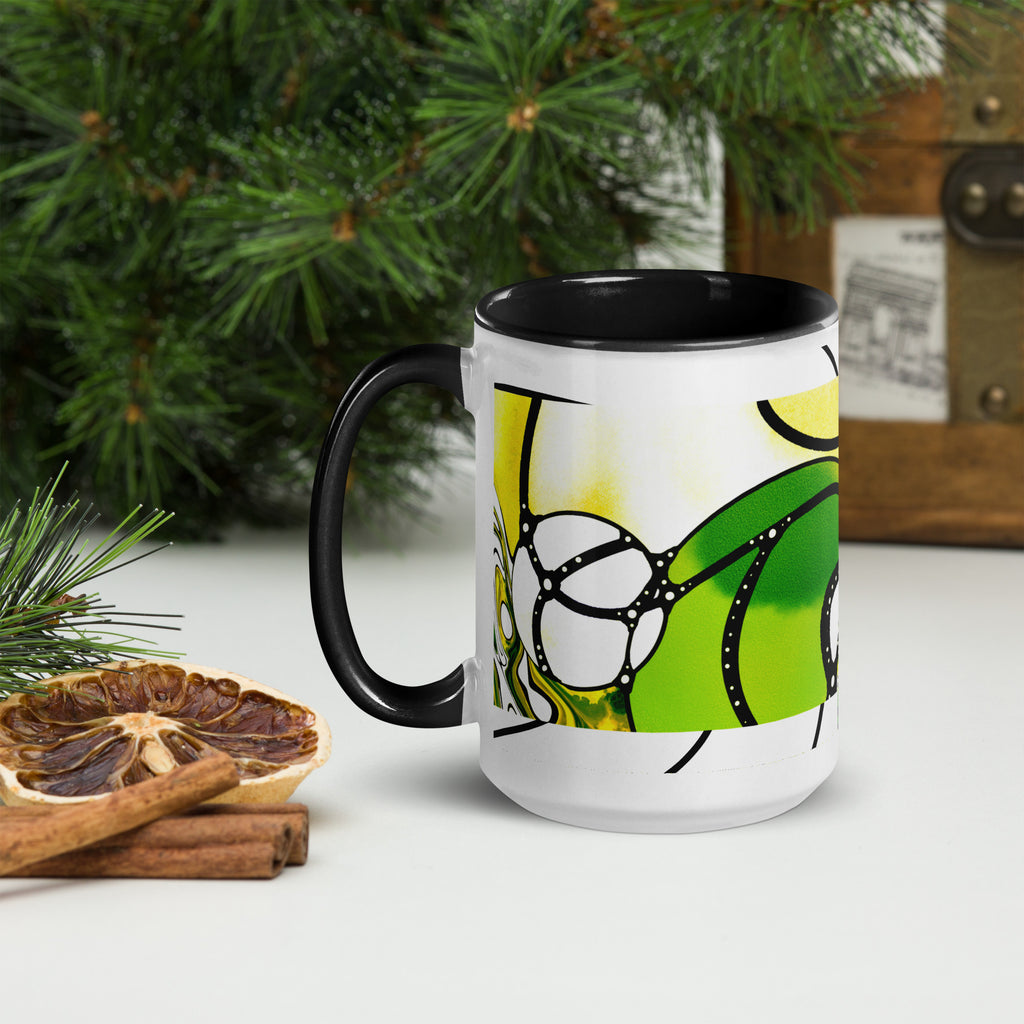 Premium White Ceramic -Abstract Yellow Green Art Mug - Modern Watercolor Ceramic Mug- Black Interior-15-oz-left