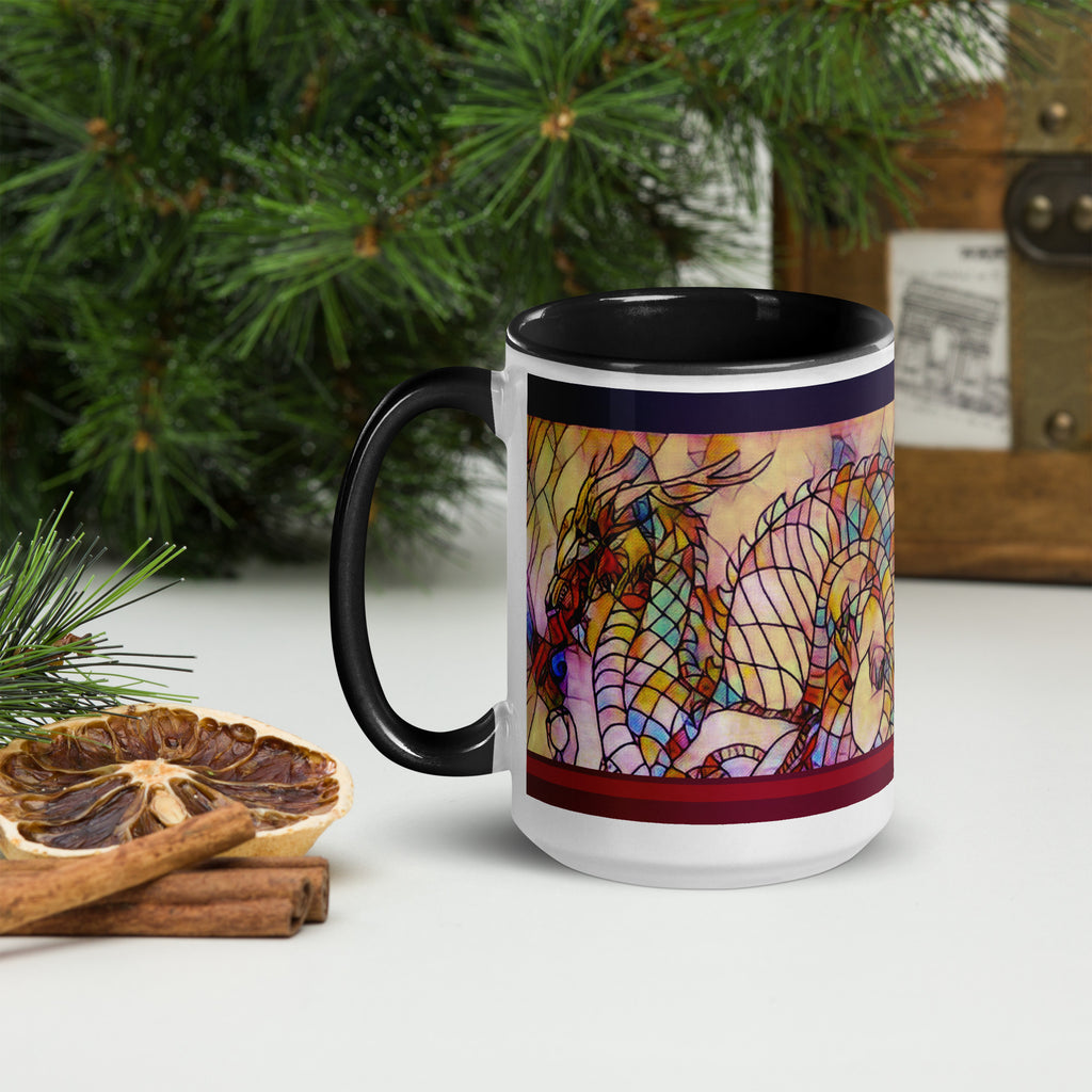 Premium White Ceramic - Stained Glass Dragon Mug - Black Interior Fantasy Mug - 15 - oz - left