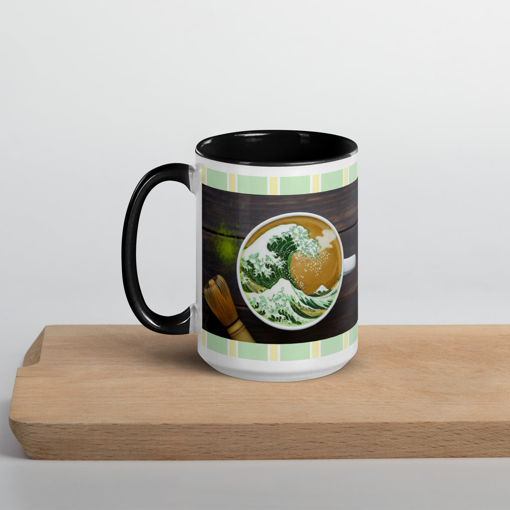 Premium White Ceramic -  Matcha Wave Bowl Mug - Black Interior Japanese Tea Mug -15-oz-left