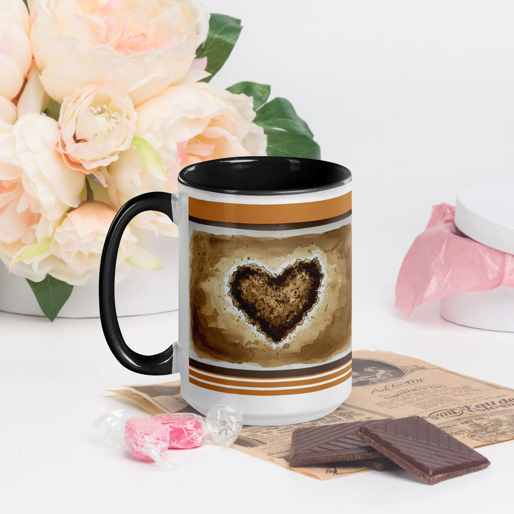 Premium White Ceramic -  Coffee and Tea Stain Heart Mug - Black Interior Coffee Lover Mug -15-oz-left