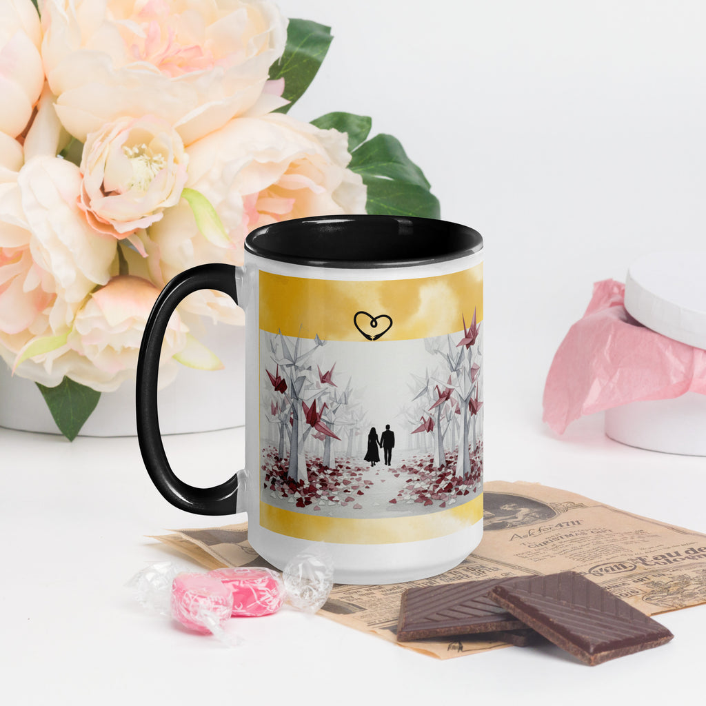 Premium White Ceramic - Romantic Origami Cranes Mug - Black Interior Love Mug - 15-oz-left