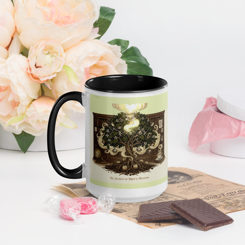 Premium white ceramic - Alchemy of Brew & Blossom Mug with black inside - 15 oz - left