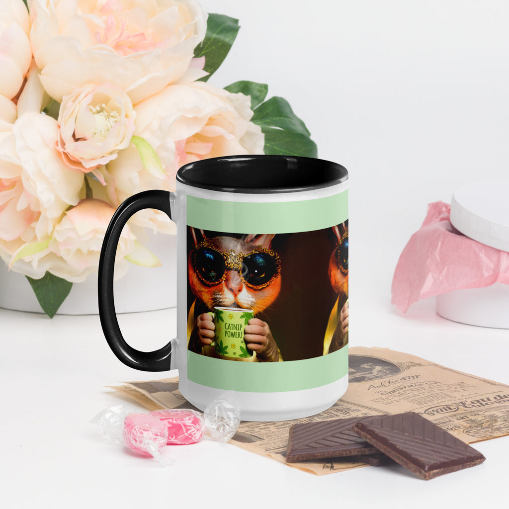Premium White Ceramic - Cool Rex Cat Catnip Mug - Cat with Catnip Power Mug - Black Inside- 15 oz - left view