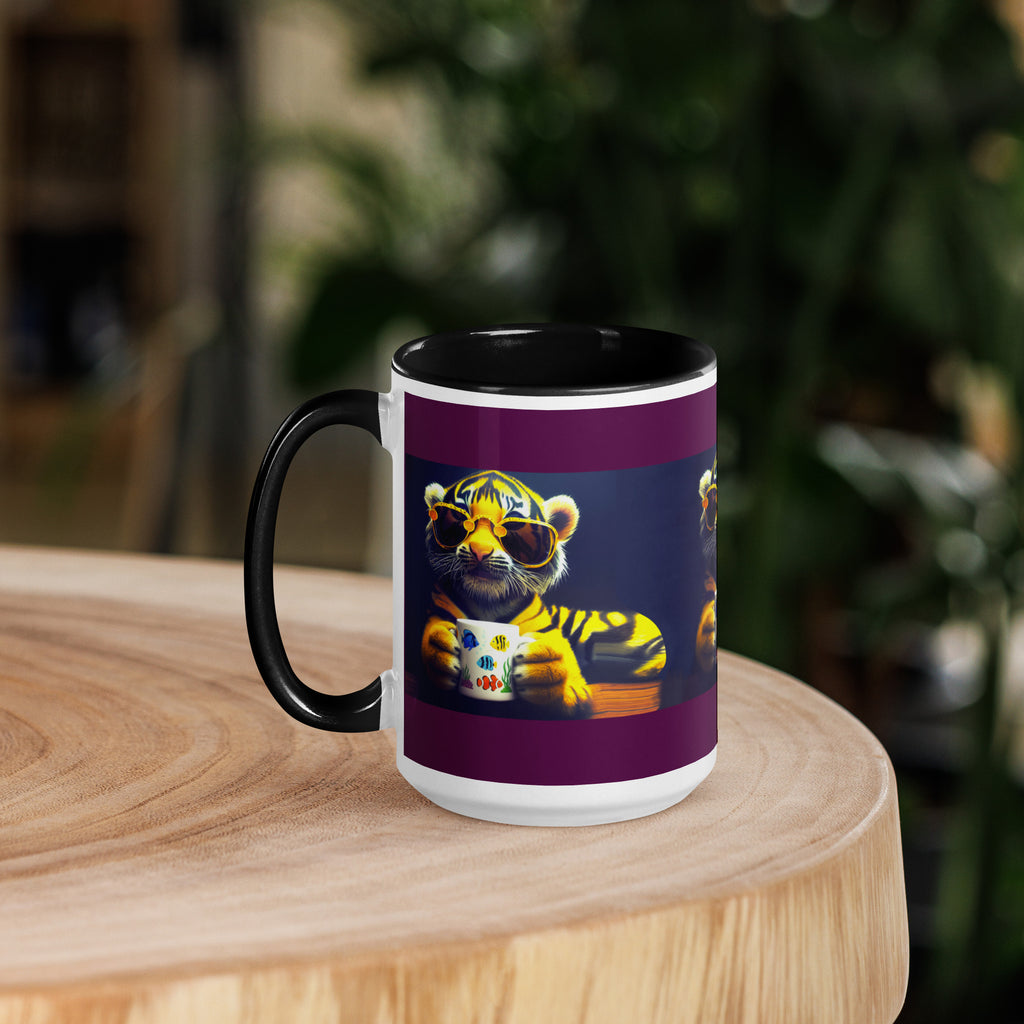 Premium White Ceramic - Black Inside-  Cool Tiger Coffee Mug - Tiger with Fish Mug Black & Purple - 15 oz -left view