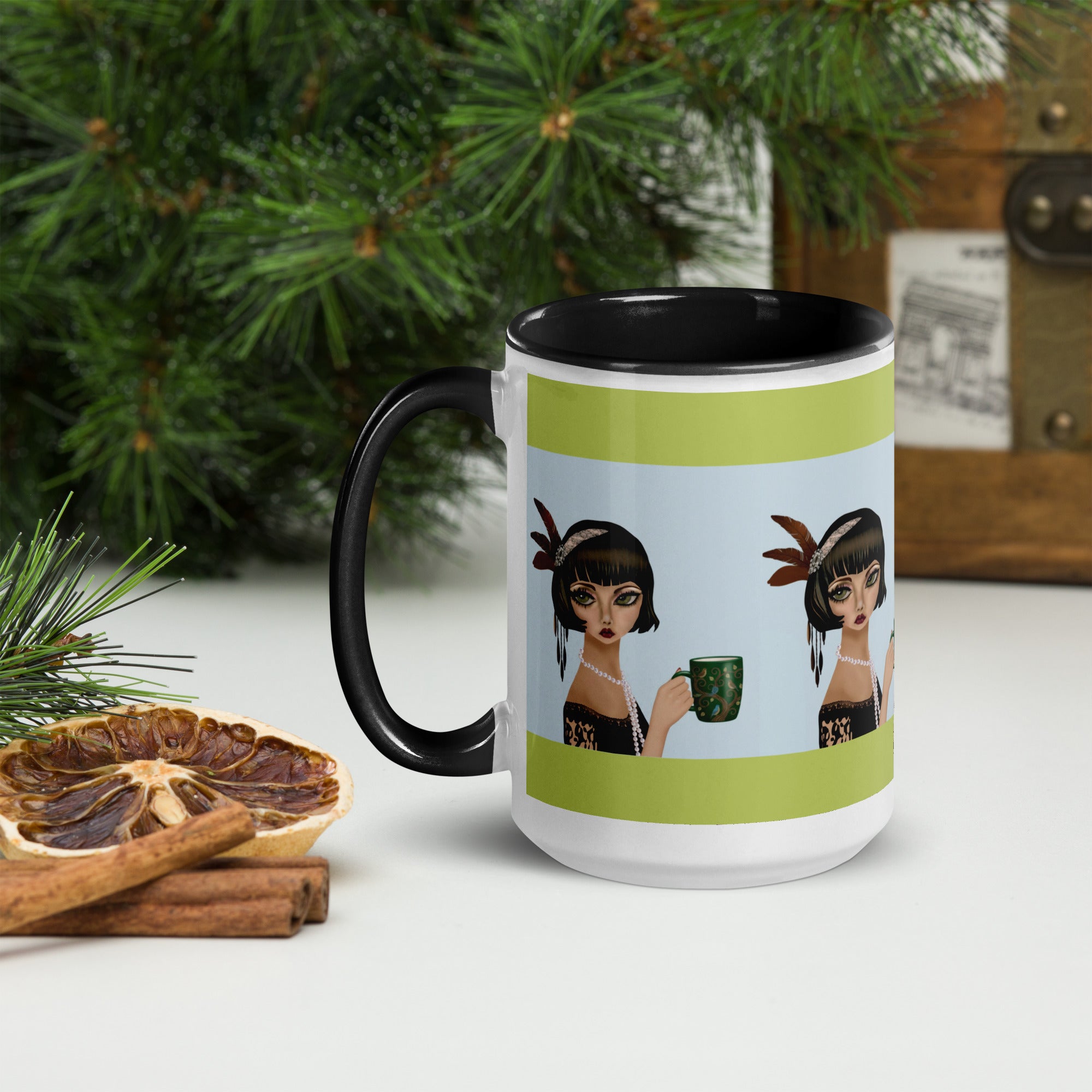 Premium White Ceramic - Black interior-  Coffee Companions Mug - Vintage Art Deco Black & Lime -15-oz  left view