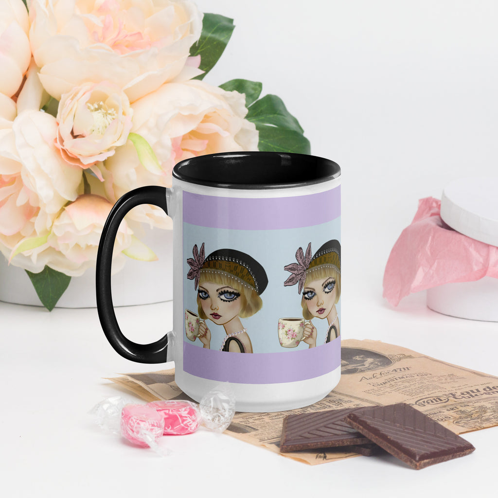 Premium White Ceramic - Black Inside-Lavender Dreams Mug - Vintage 1920s Flapper Purple & Blue - 15-oz left view