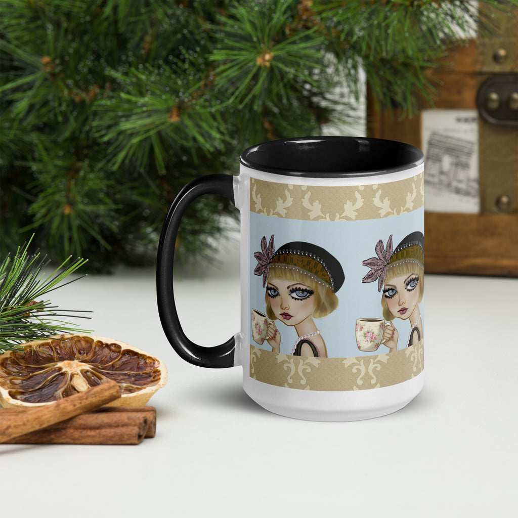 Premium White Ceramic - Black Inside-Lavender Dreams Mug - Vintage 1920s Flapper Purple & Blue - 15-oz left view