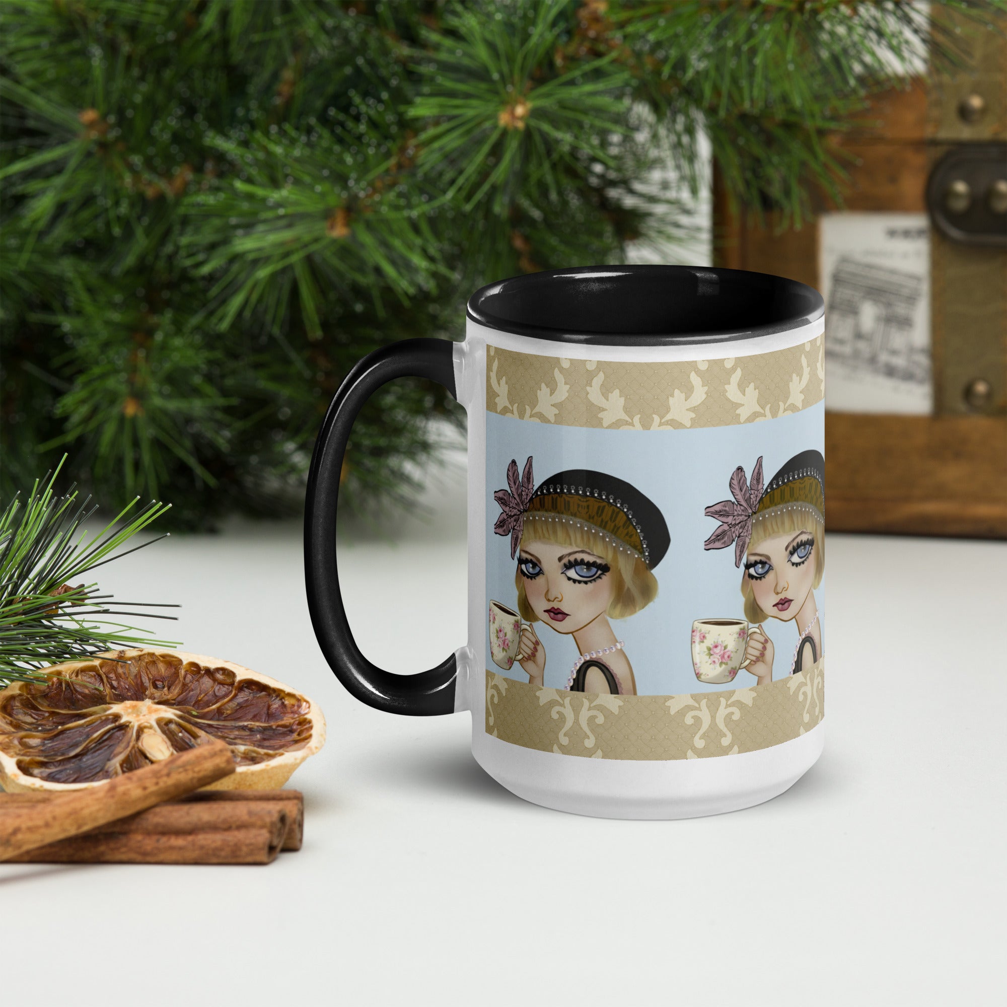 Premium White Ceramic - Black Inside-Lavender Dreams Mug - Vintage 1920s Flapper Purple & Blue - 15-oz left view