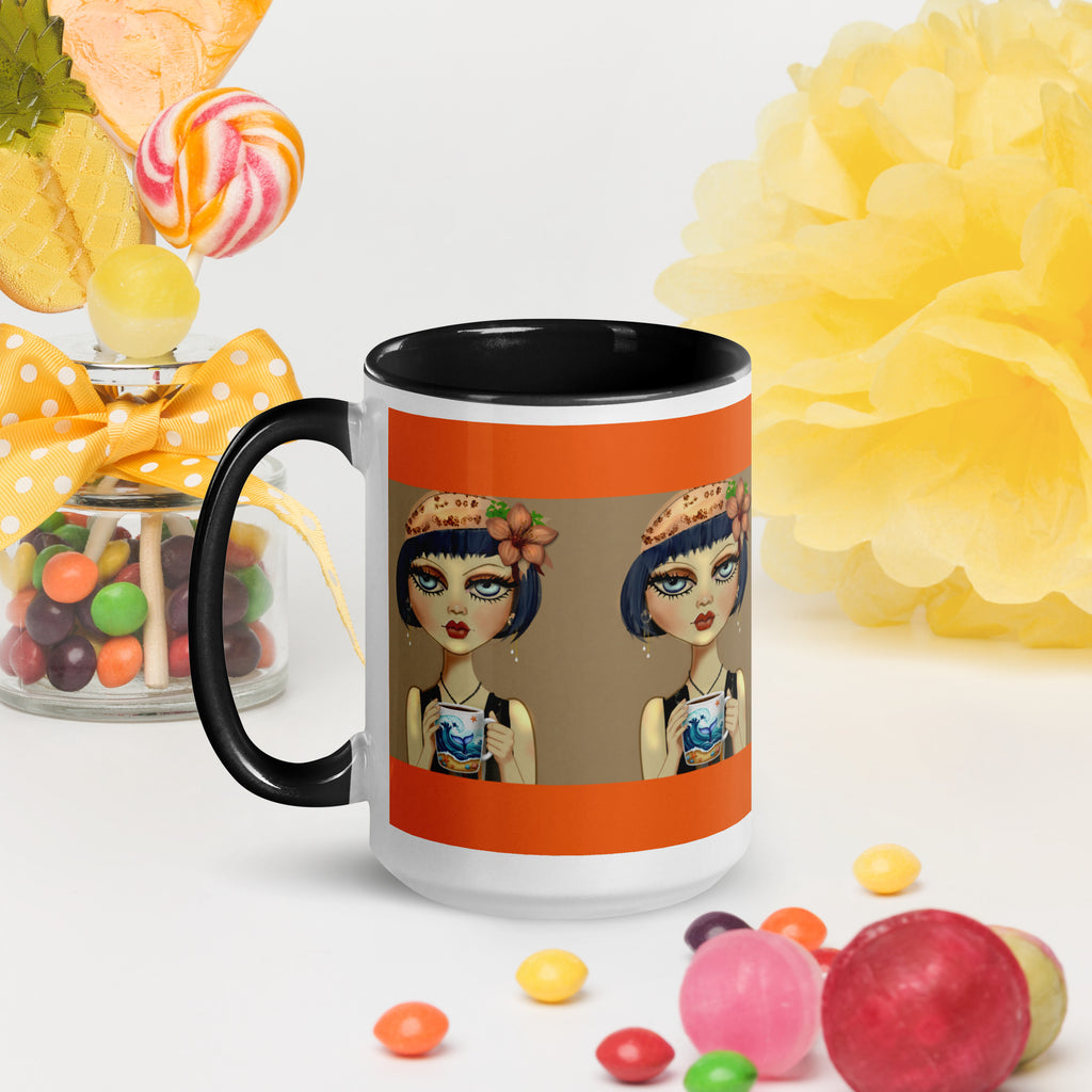 Premium White Ceramic - Black Inside- Flapper Chic Mug - Vintage 1920s Orange & Black - 15-oz front left