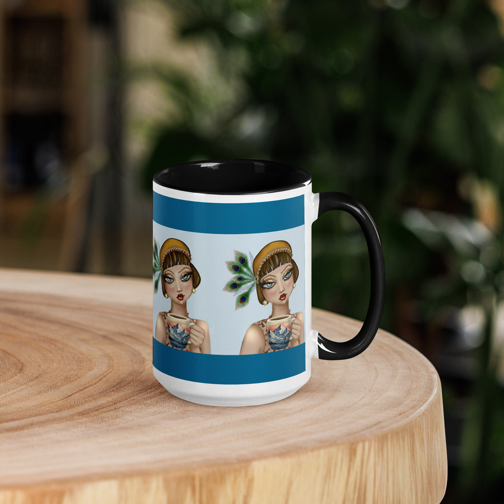 Peacock Elegance Mug - Vintage Glamour Teal & Black - 15-oz right view