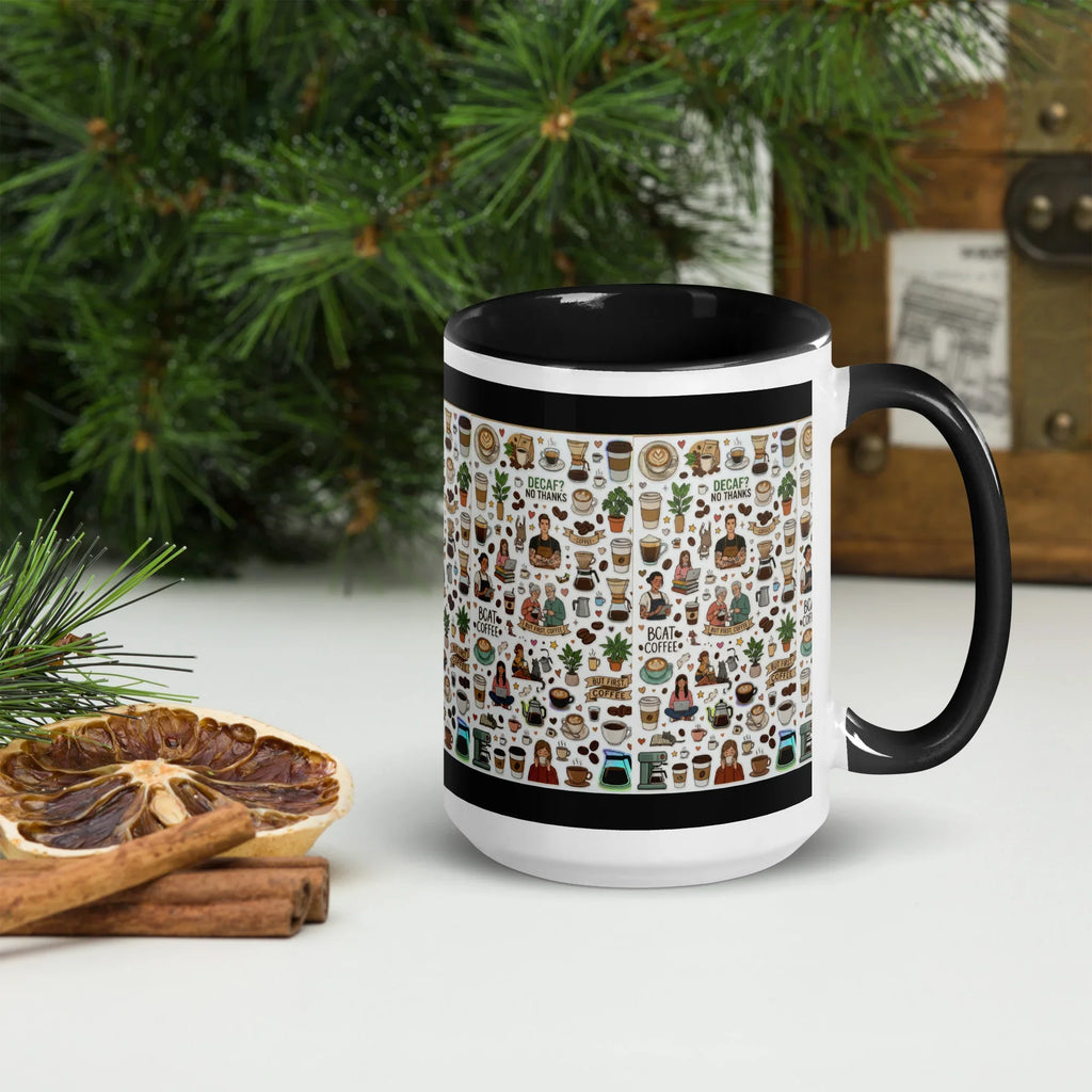 White ceramic mug with black handle and rim, featuring coffee and cat illustrations, on a table beside pine branches and dried citrus.