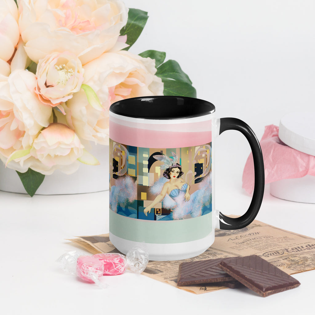 Premium Black Interior -Ceramic mug-Vintage Glamour Ballerina Mug - Art Deco Feathered Tutu Ceramic Mug-Black Interior- elegant vintage ballerina in a jeweled tiara and light blue feathered tutu, set against a beautiful Art Deco pastel background. Set against a black ceramic inside for elegant contrast - 15-oz -right
