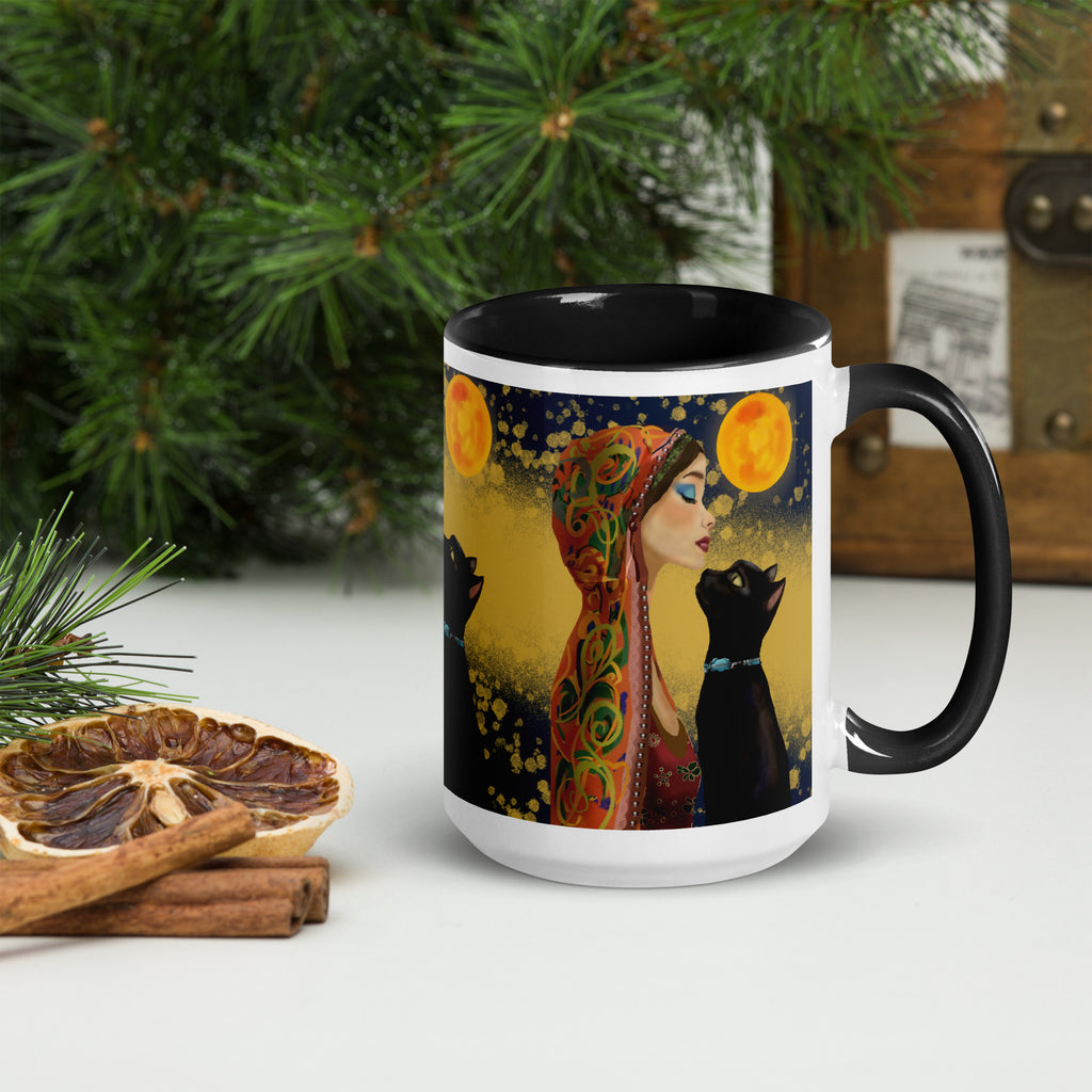 Premium White ceramic with color inside- Mystical Woman with Black Cat Mug - Moonlight Bohemian Ceramic Mug-Black Interior - 15oz - right view