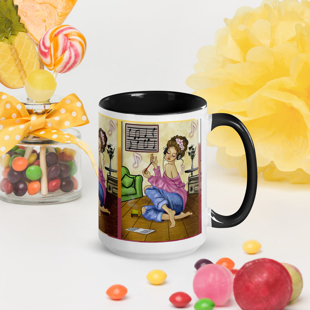 Premium White Ceramic - Coffee Lover Music Moment Mug - Cozy Relaxation Ceramic Mug-Black Interior-15-oz-right
