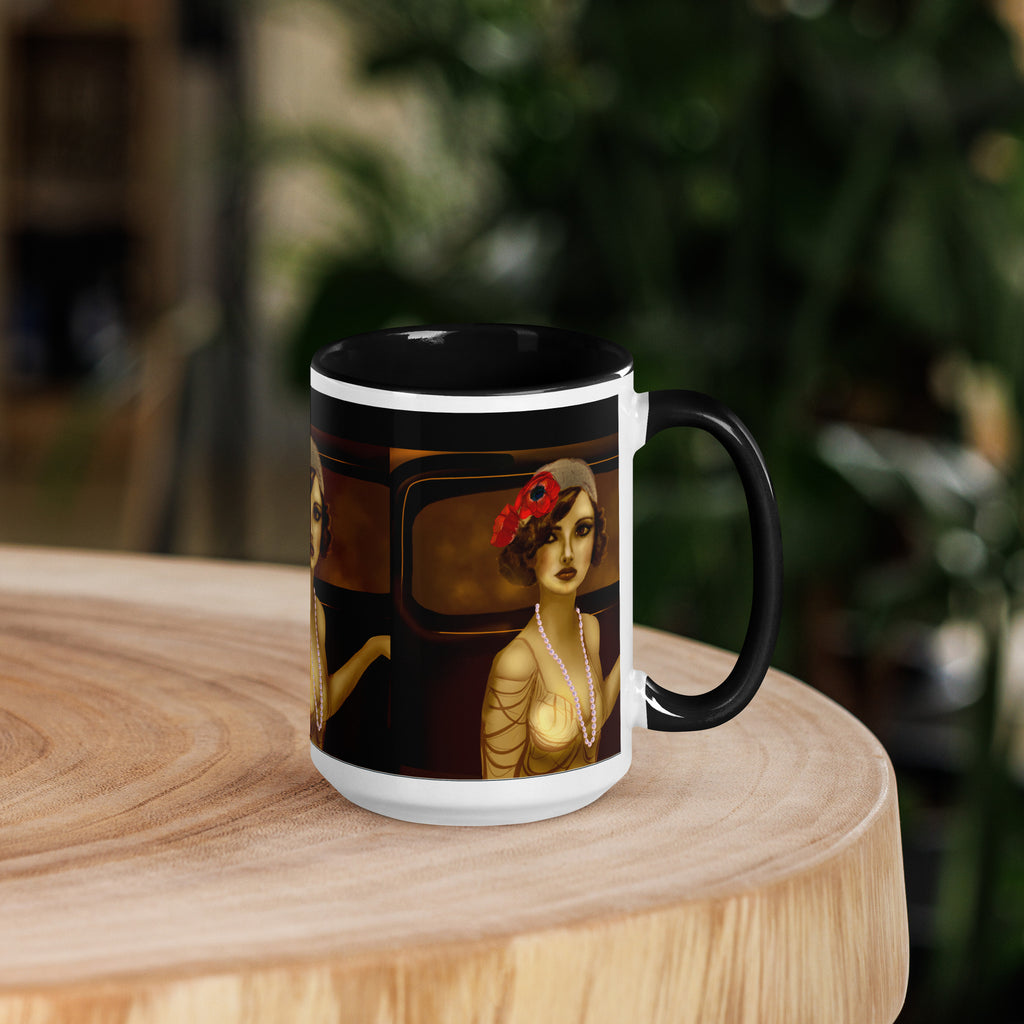 Premium White Ceramic - 1920s Art Deco Flapper Woman Mug - Gatsby Era Glamour Ceramic Mug with Black Interior-15-oz-right