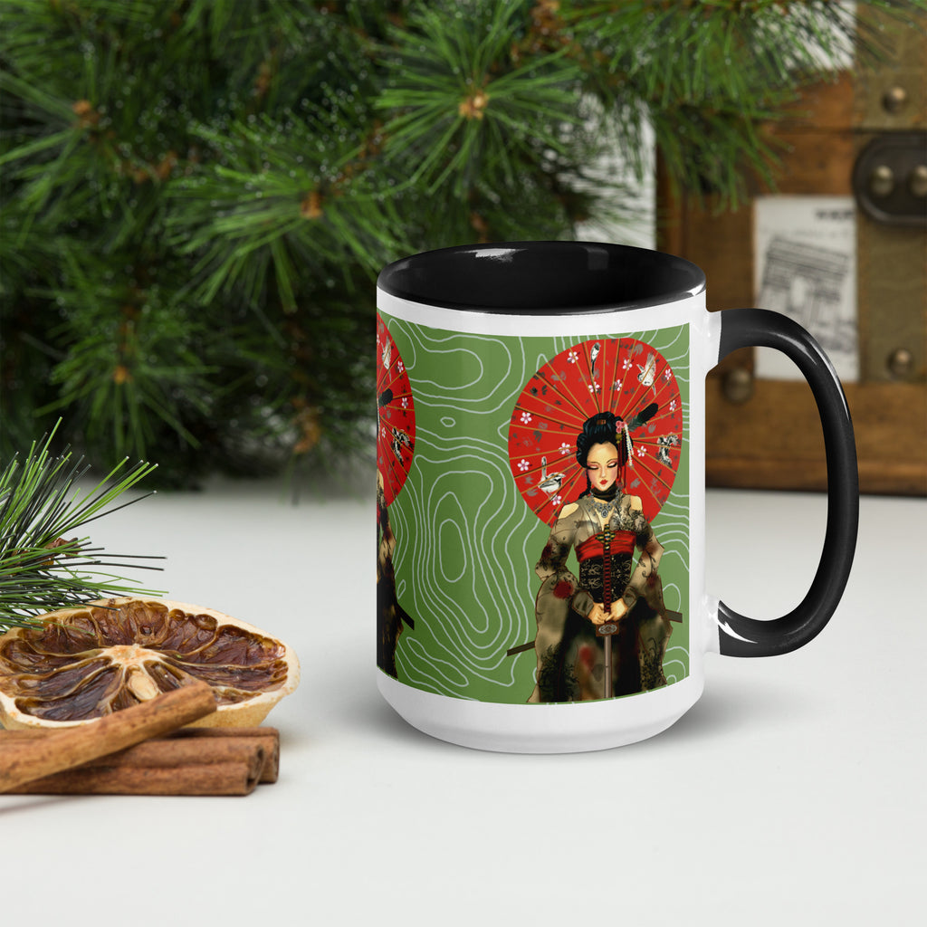 Premium White Ceramic - Japanese Geisha Warrior Mug - Samurai Woman Ceramic Mug- Black Interior-15-oz-right