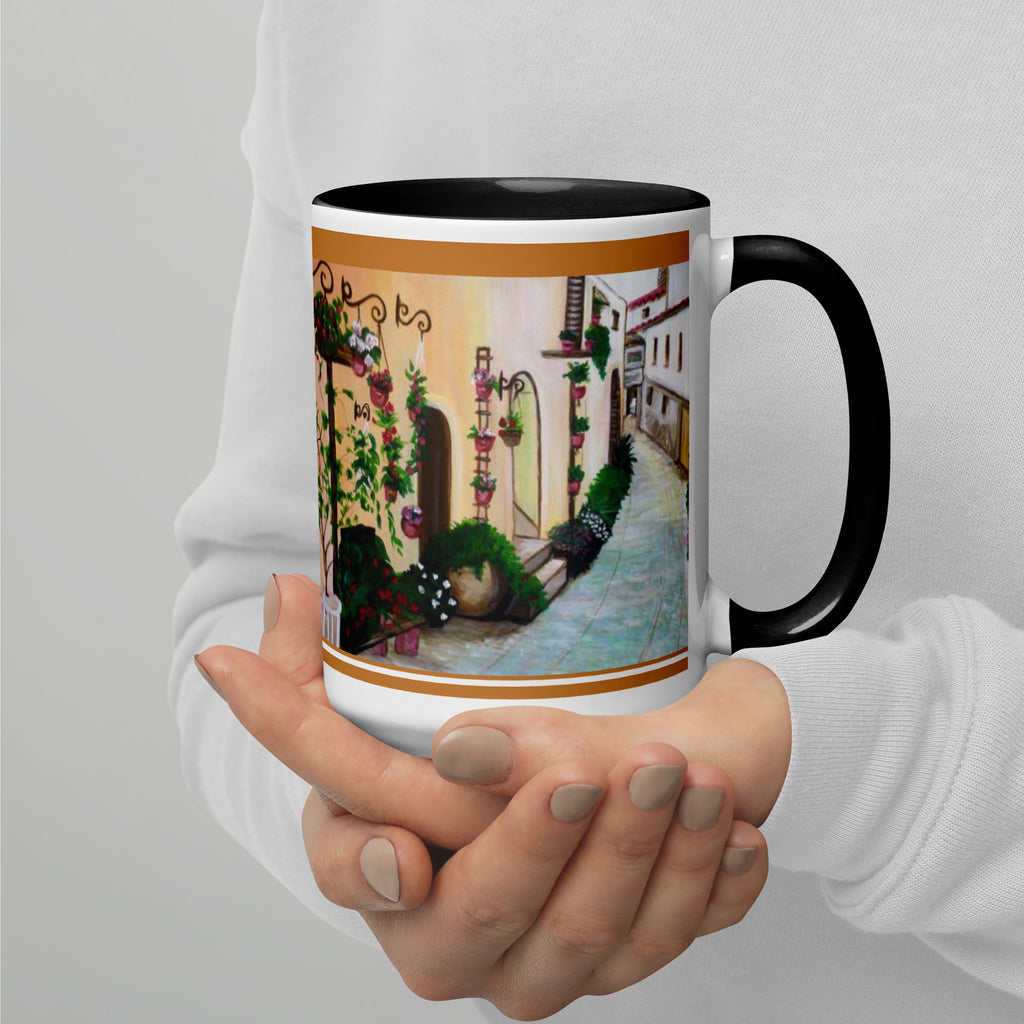Premium White Ceramic -Mediterranean Garden Courtyard Mug - Italian Village Ceramic Mug- Black Interior-15-oz-right