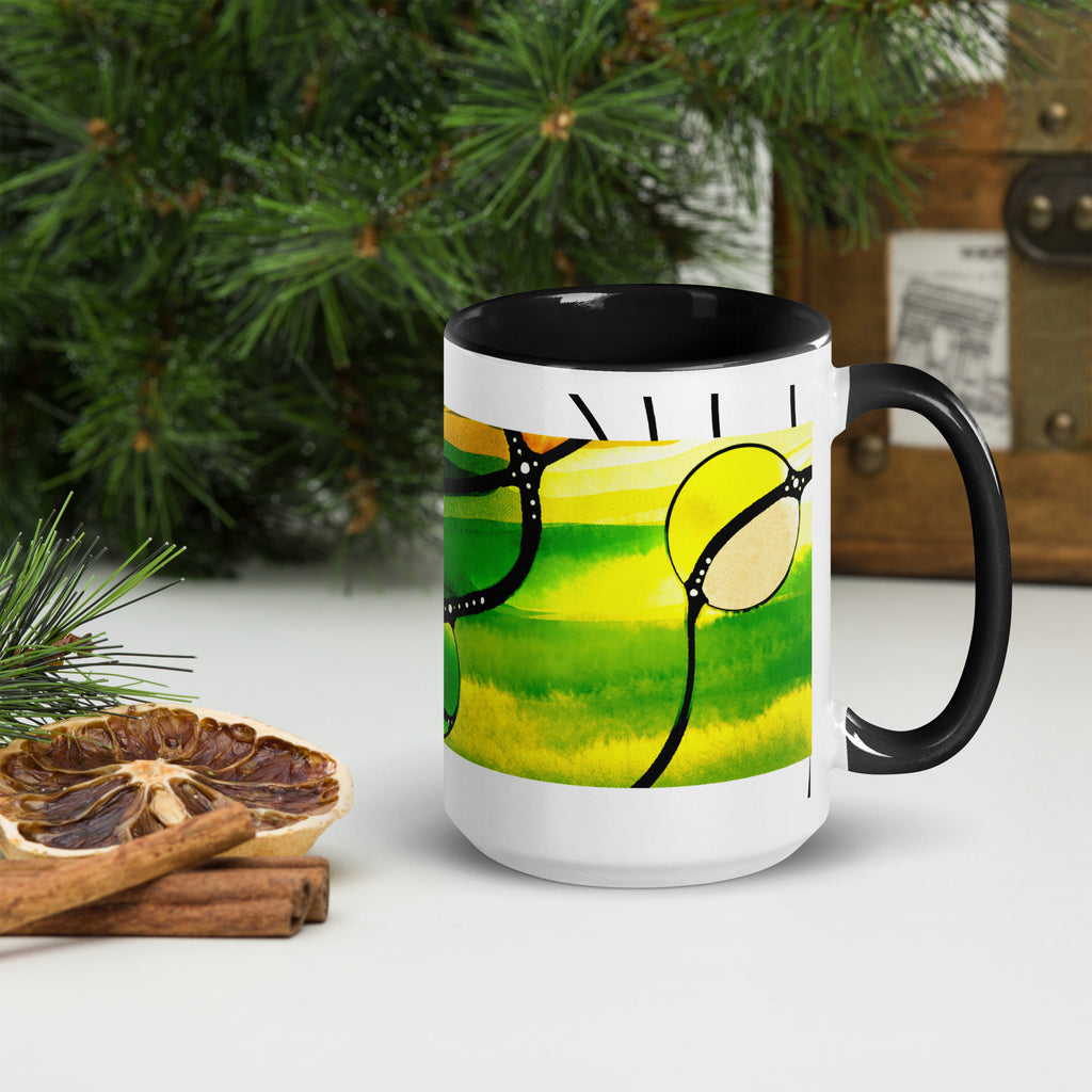 Premium White Ceramic -Abstract Green Yellow Art Mug - Modern Contemporary Ceramic Mug- black Interior- 15-oz-right