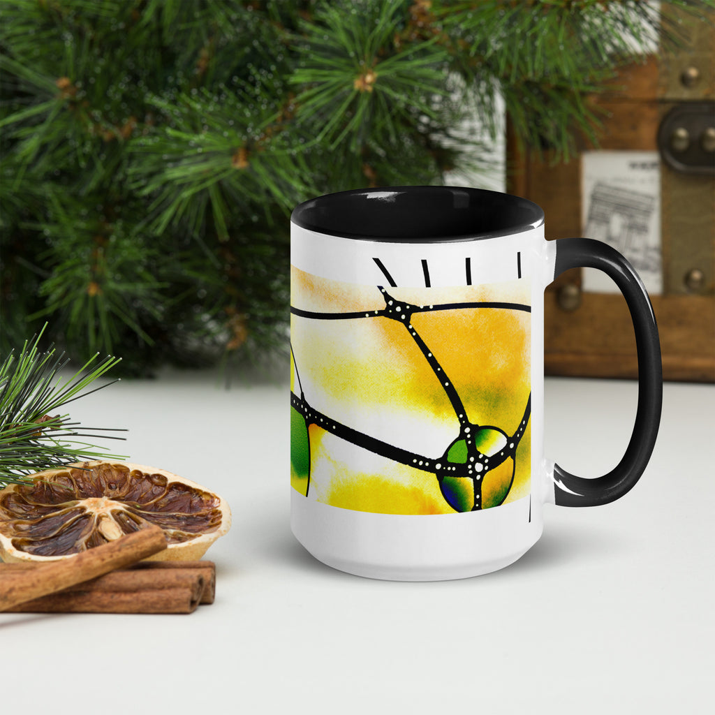 Premium White Ceramic -Abstract Yellow Green Art Mug - Modern Watercolor Ceramic Mug- Black Interior-15-oz-right