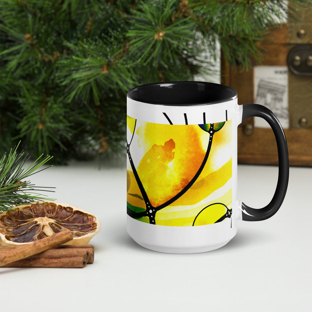 Premium White Ceramic -Abstract Yellow Orange Art Mug - Modern Watercolor Ceramic Mug with Black Inside- 15 oz - right