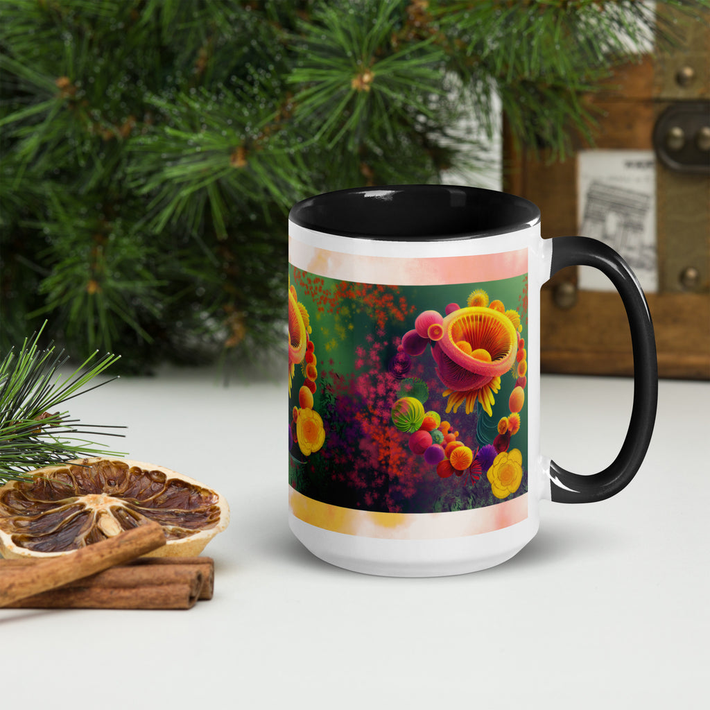 Premium White Ceramic -3D Floral Garden Art Mug - Vibrant Dimensional Flowers Ceramic Mug- Black Interior-15-oz-right