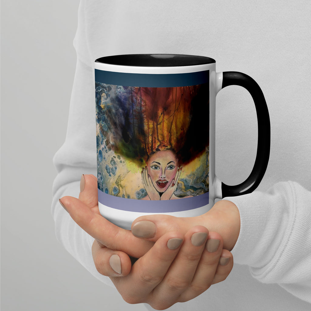 Premium White Ceramic -Underwater Reverie Mug - Flowing Hair & Ocean Art - black interior- 15-oz-right