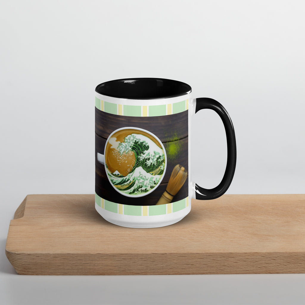 Premium White Ceramic -  Matcha Wave Bowl Mug - Black Interior Japanese Tea Mug -15-oz-right